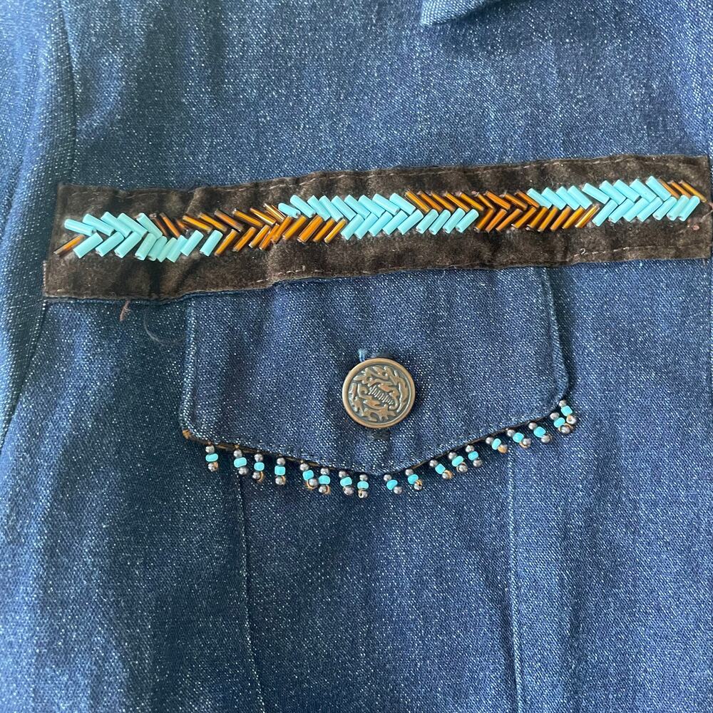 Vintage 1990s Cache Jean Jacket Beaded Fringe Lace Up Southwest 4 EUC - Picture 7 of 13